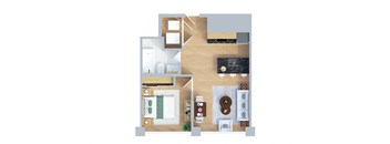 A floor plan of a house with a kitchen, living room, dining area, and bathroom.