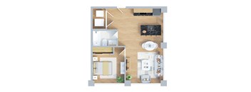 A top-down view of a kitchen, dining area, and living room.
