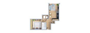 A top down view of a house with a living room, kitchen, and bedrooms.