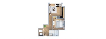 A floor plan of a house with a kitchen, living room, and bathroom.