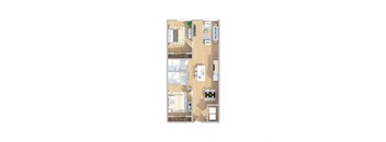 A floor plan of a house with a kitchen, living room, and two bedrooms.