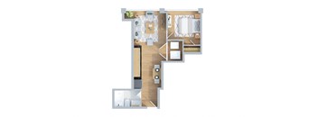 A floor plan of a house with a kitchen, living room, and two bedrooms.