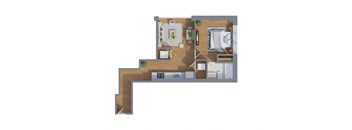 A drawing of a house with a kitchen, living room, and bathroom.