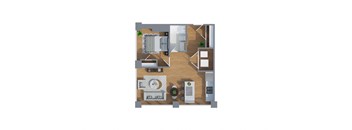A floor plan of a small apartment with a kitchen, living room, and bathroom.