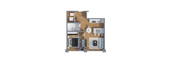 A 3D rendered image of a house layout.