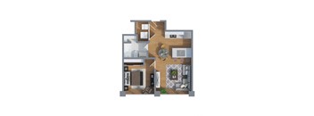 A 3D floor plan of a house with a kitchen, living room, and two bedrooms.