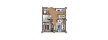 A floor plan of a house with a kitchen, living room, dining room, and bathroom.