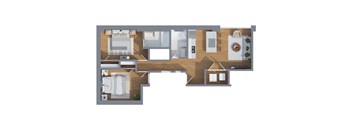 A floor plan of a house with a kitchen, living room, and bedrooms.