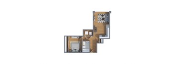 A 3D rendered image of a house layout.