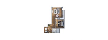 A 3D image of a house layout with a kitchen, living room, and bathroom.