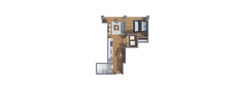 A 3D floor plan of a small apartment with a kitchen, living room, and bathroom.