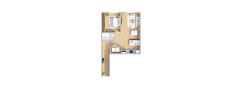 A floor plan of a house with a kitchen, living room, and two bedrooms.