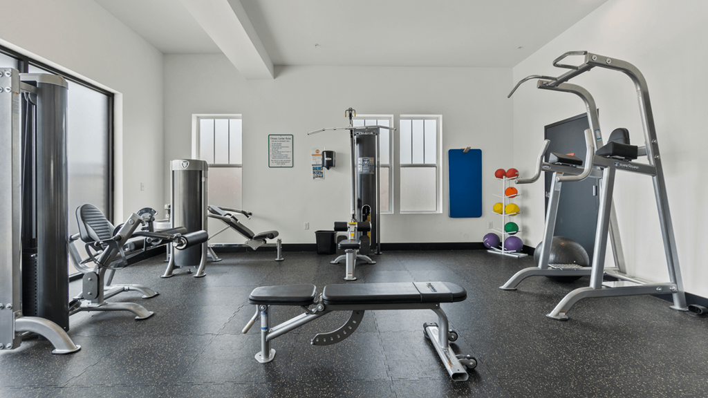 a gym with weights and other equipment in a room with windows