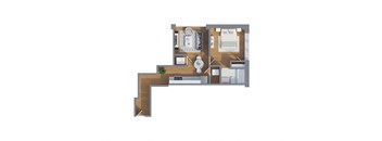 A floor plan of a house with a kitchen, living room, and two bedrooms.