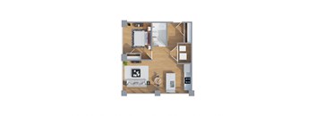 A floor plan of a small apartment with a kitchen, living room, and bedroom.