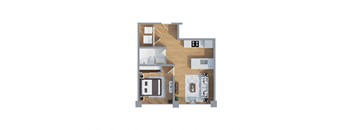 A floor plan of a house with a kitchen, living room, and two bedrooms.