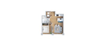 A floor plan of a house with a kitchen, living room, and two bedrooms.