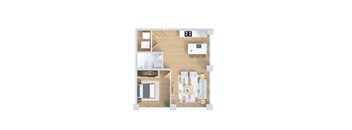 A top-down view of a house layout with a kitchen, living room, and two bedrooms.
