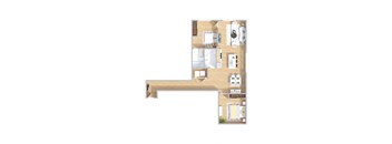 A floor plan of a house with a kitchen, living room, and two bedrooms.
