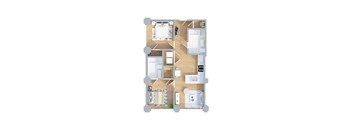 A floor plan of a house with a kitchen, living room, dining room, and two bedrooms.
