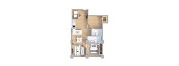 A floor plan of a small apartment with two bedrooms and a living area.