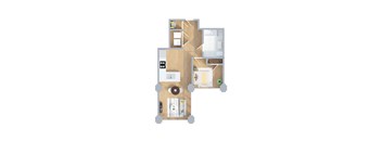 A floor plan of a house with a kitchen, living room, and two bedrooms.