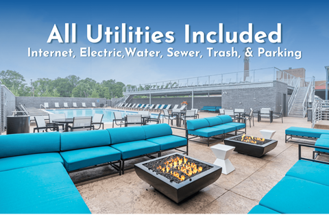 Image of firepit surrounded by blue sofas with the text "All Utilities Included - Internet, Electric, Water, Sewer, Trash & Parking"