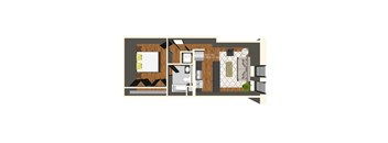 A floor plan of a small apartment with a kitchen, living room, and bathroom.