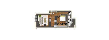 A floor plan of a small apartment with a kitchen, living room, and bathroom.