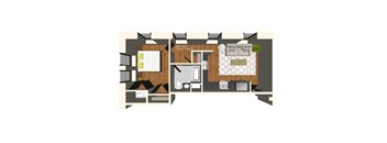 A floor plan of a unit with a bedroom, bathroom, and living room.