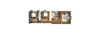 A floor plan of an apartment with a kitchen, living room, and two bedrooms.