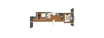 A floor plan of a room with a kitchen area, a living room, and a bathroom.