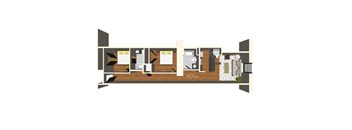 A floor plan of a house with a kitchen, living room, and two bedrooms.