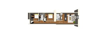 A floor plan of a house with a living room, dining room, kitchen, and two bedrooms.
