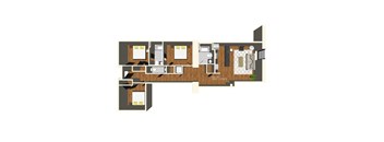 A floor plan of a house with a kitchen, living room, and two bedrooms.