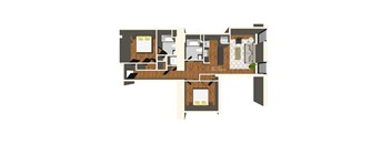 A floor plan of a house with a living room, dining room, kitchen, and two bedrooms.