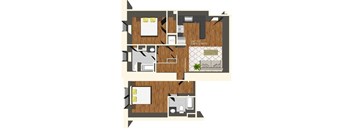 A floor plan of a two bedroom, two bathroom apartment.
