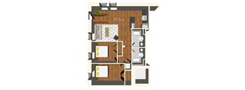 A floor plan of a unit with a kitchen, living room, and two bedrooms.