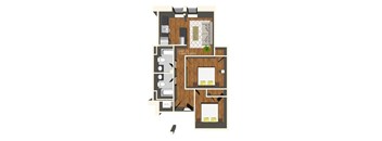 A floor plan of a small apartment with a kitchen, living room, and bathroom.