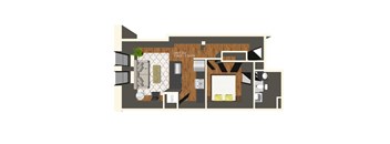 A floor plan of a room with a bed, a table, and a couch.