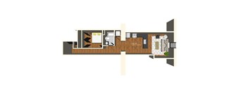 A floor plan of a room with a kitchen area, a living room, and a bathroom.