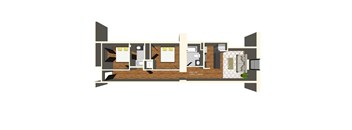 A floor plan of a small apartment with a kitchen, living room, and bathroom.