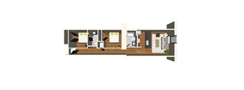 A floor plan of a house with a kitchen, living room, and two bedrooms.