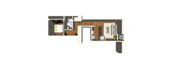 A floor plan of a house with a living room, dining room, kitchen, and bathroom.