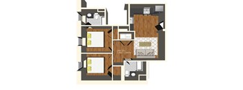 A floor plan of a small apartment with a living room, kitchen, and bathroom.