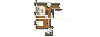 A floor plan of an apartment with a living room, kitchen, and bathroom.