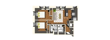 A floor plan of a small apartment with a kitchen, living room, and two bedrooms.