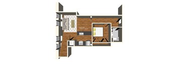 A floor plan of a unit with a bedroom, bathroom, and kitchen.