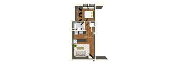 A floor plan of a small apartment with a kitchen, living room, and bathroom.