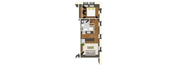 A floor plan of a unit with a kitchen, living room, and bathroom.